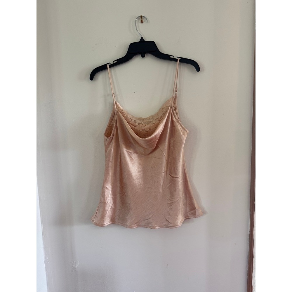 Lush Cowl Neck Cami Medium Champagne Lace Trim Pleated Satin Tank Top Y2K glam